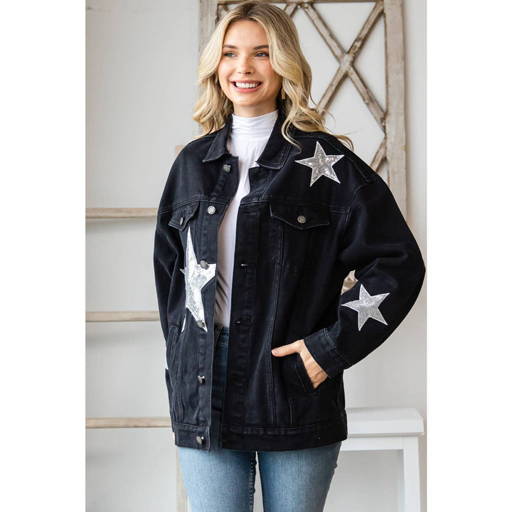 Sequins Star Patch Denim Jacket: Black / S