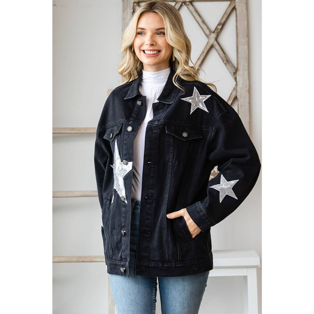 Sequins Star Patch Denim Jacket: Black / L