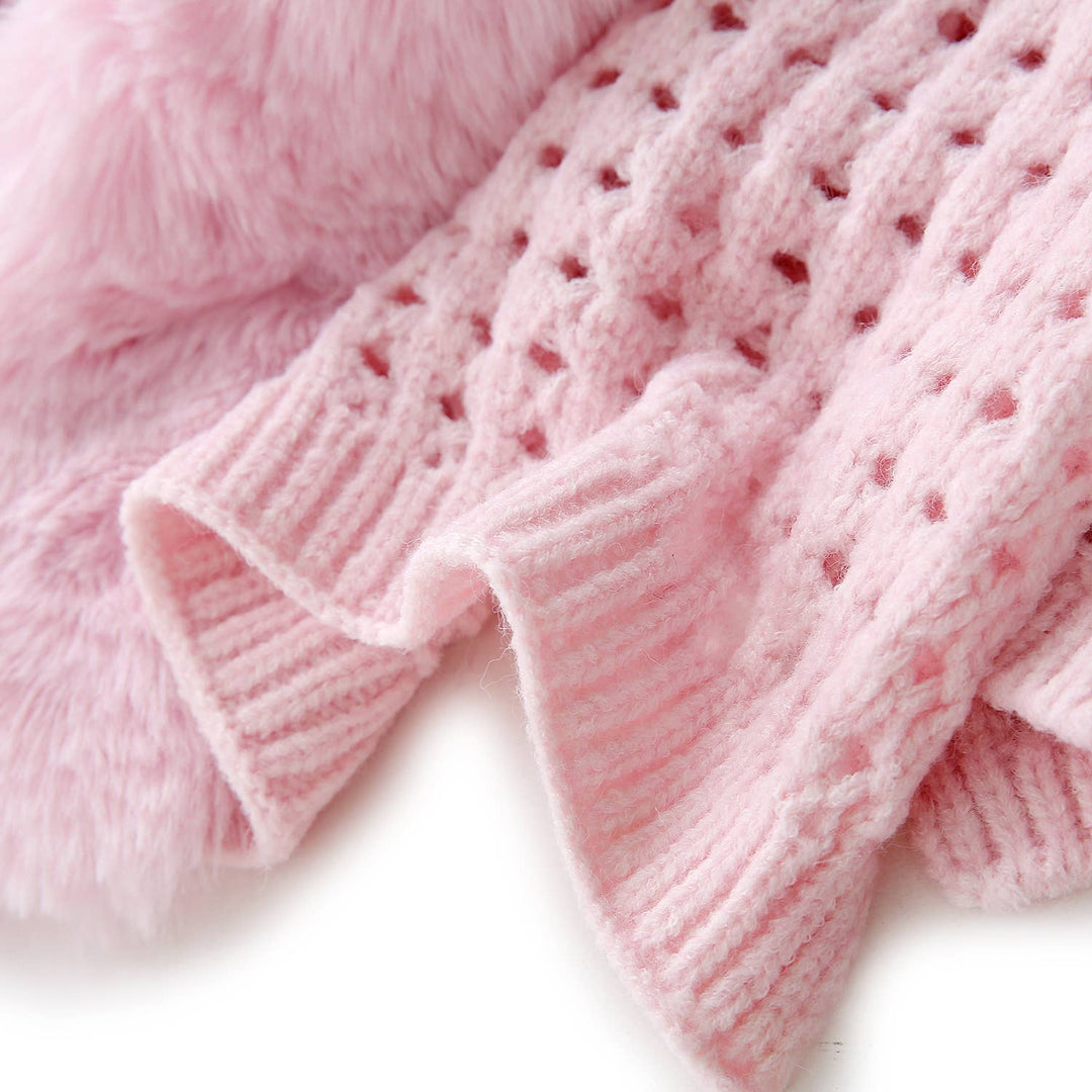 PE364 Hand knitted crochet fur trim cape: Silver