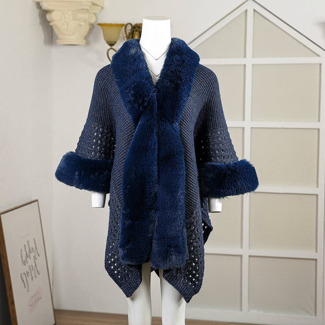 PE364 Hand knitted crochet fur trim cape: Black