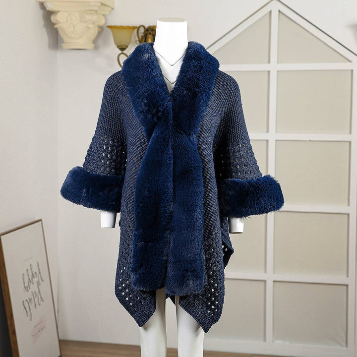 PE364 Hand knitted crochet fur trim cape: Black