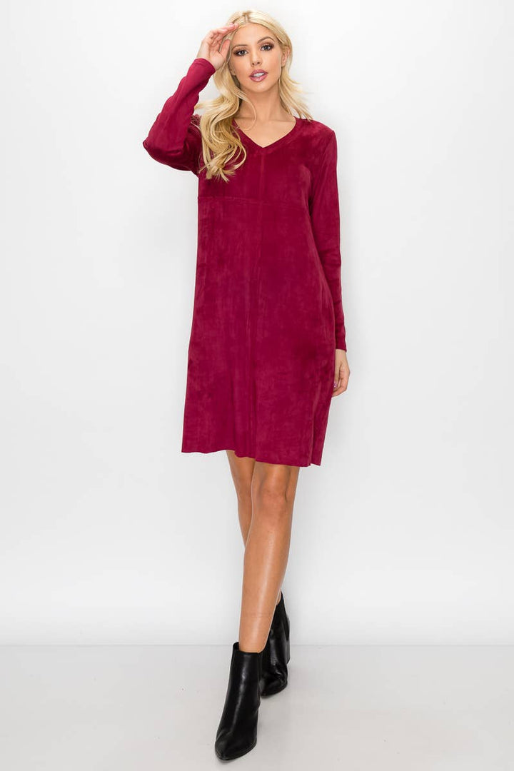 Aurora V-Neck Suede Dress: BLK / M / 2059V-NP