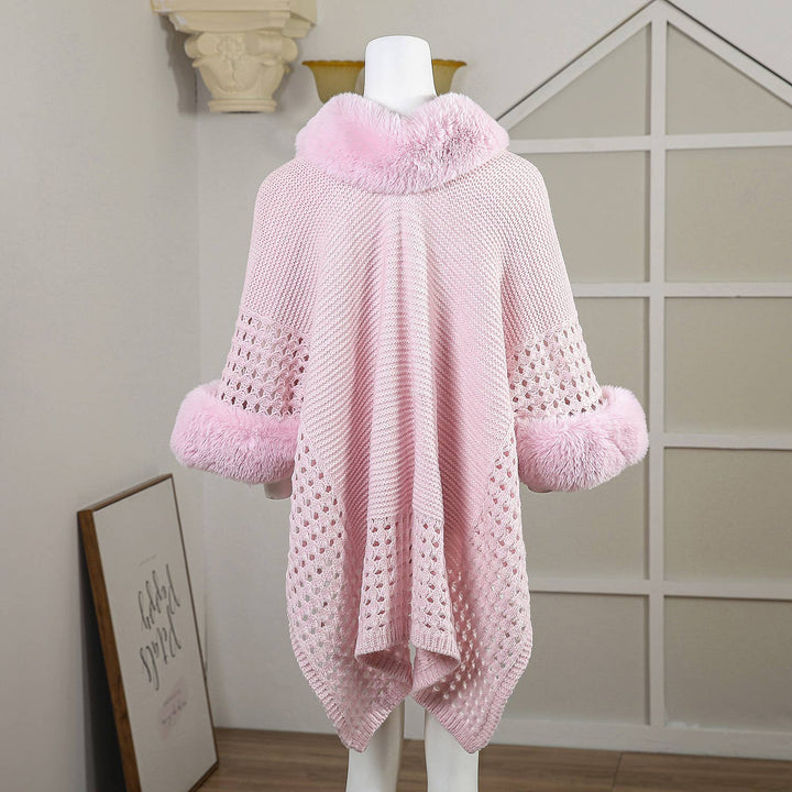 PE364 Hand knitted crochet fur trim cape: Black