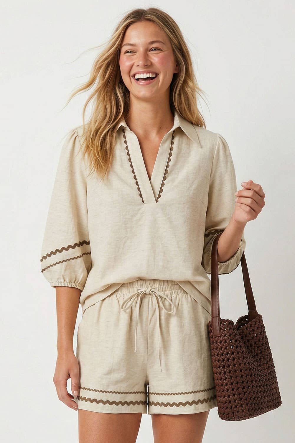 Puff Sleeve Linen Blouse: Red / M