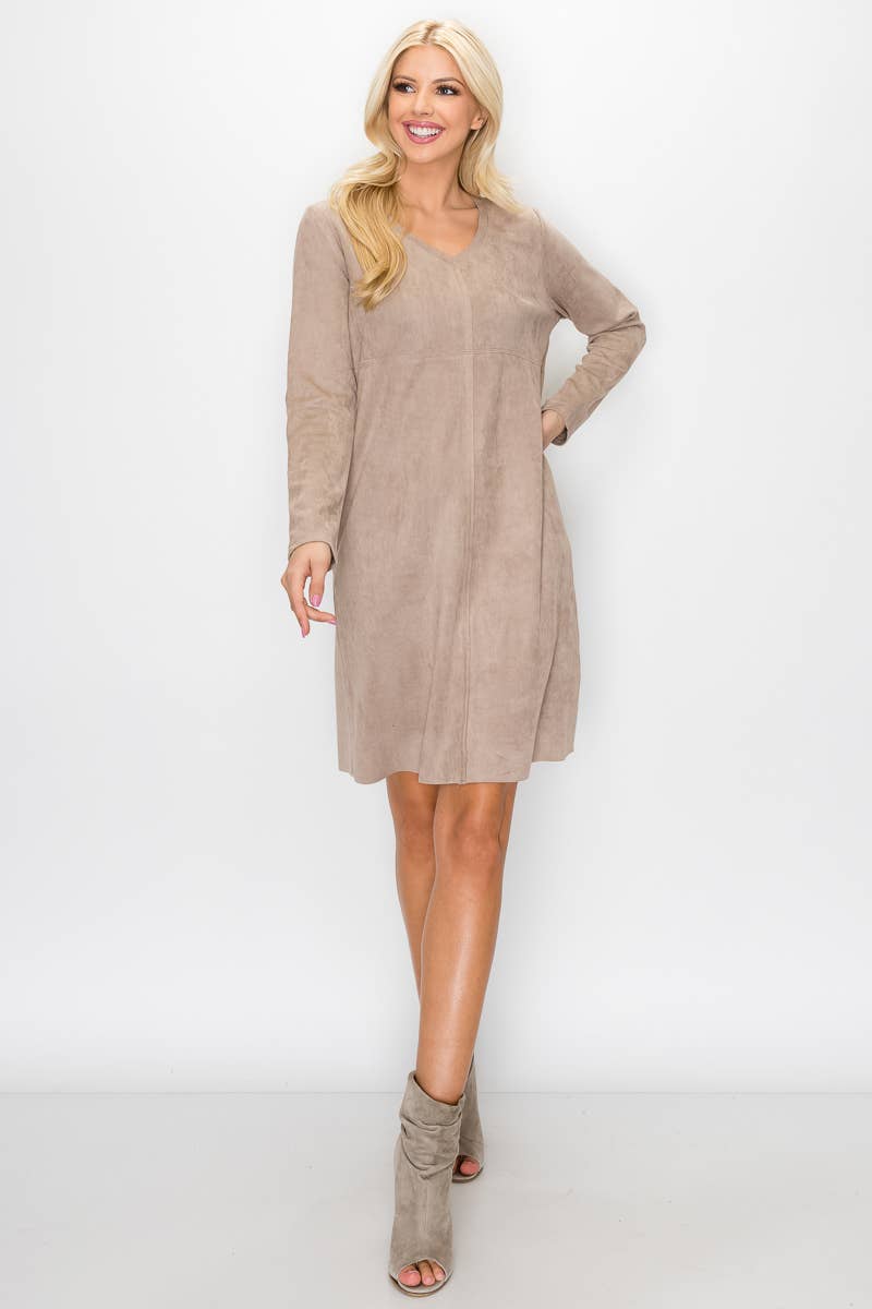 Aurora V-Neck Suede Dress: KHAKI / L / 2059V