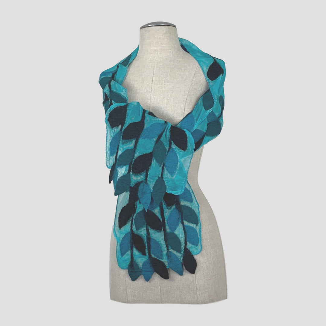 Leaf Merino Wool Handmade Felt Scarf: Blue-Green