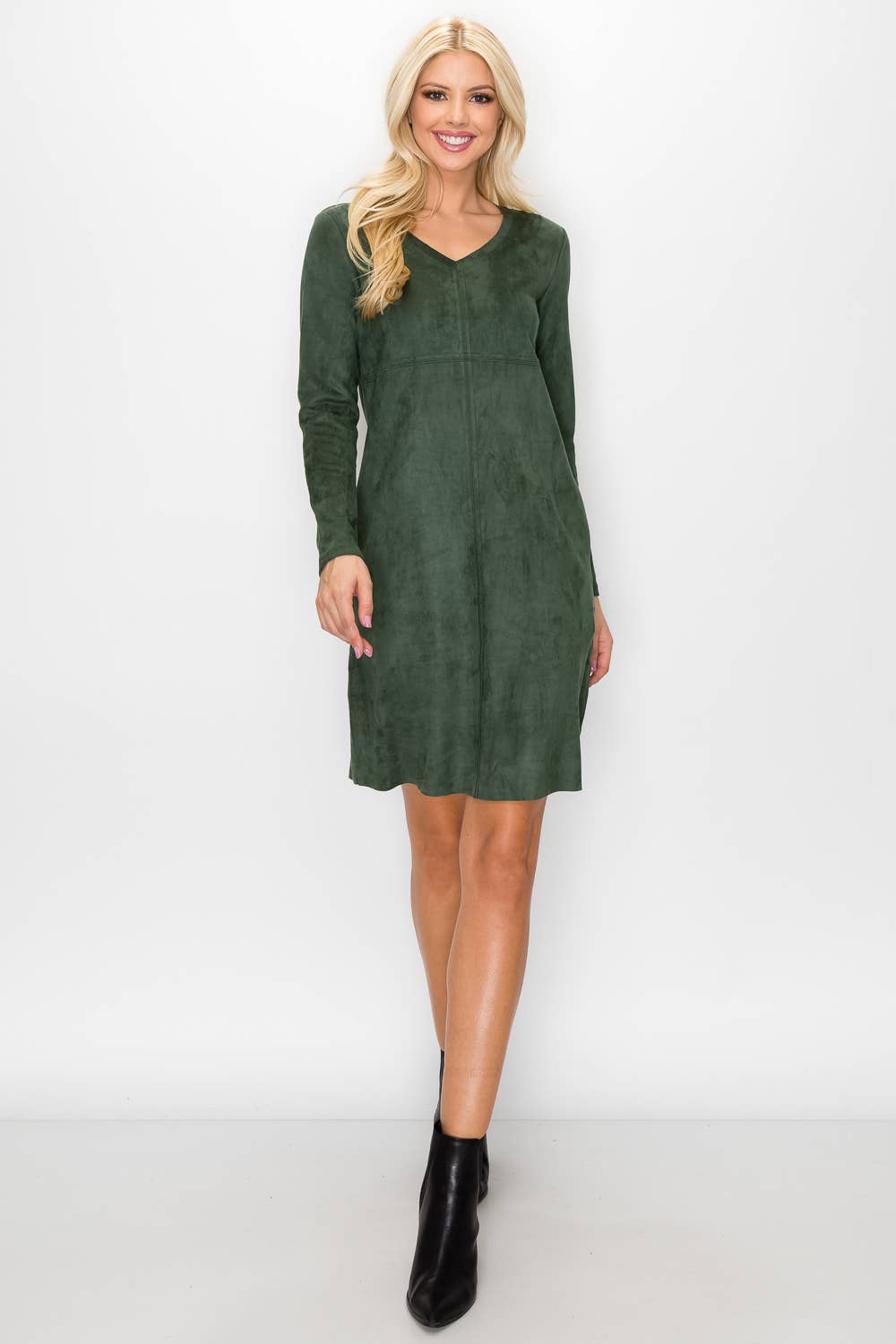 Aurora V-Neck Suede Dress: KHAKI / XS / 2059V