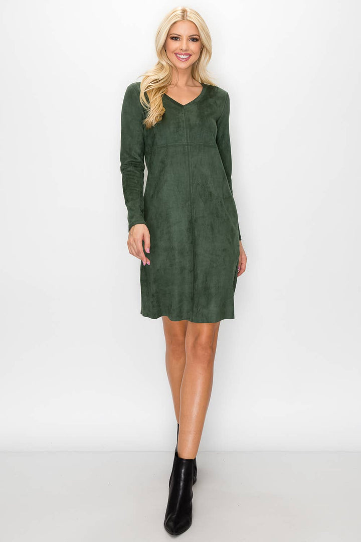 Aurora V-Neck Suede Dress: KHAKI / M / 2059V
