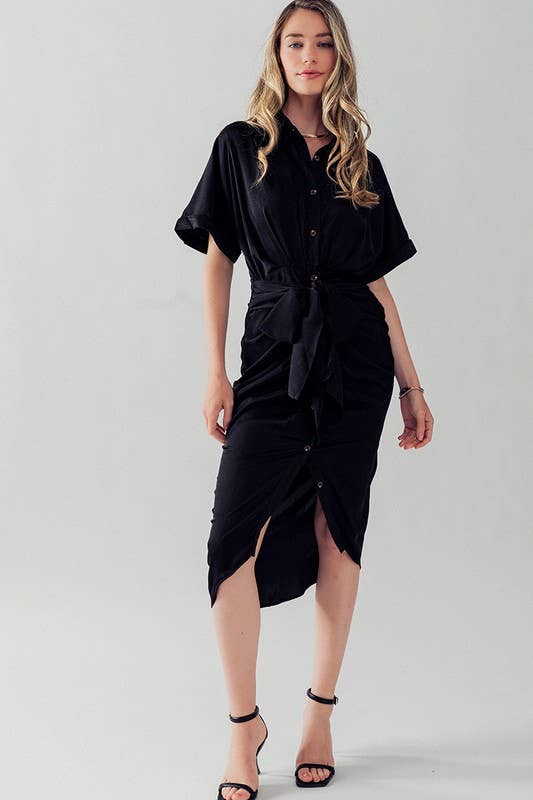 WAIST TIE BELT MIDI SHIRT DRESS: TEAL