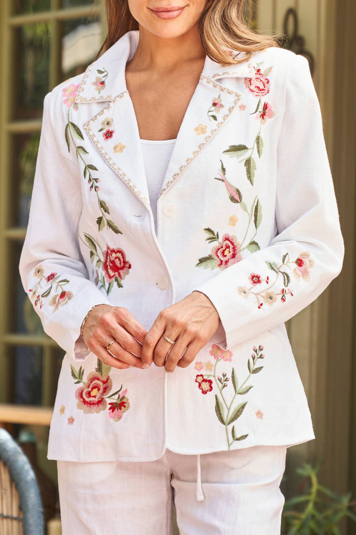 Embroidered Linen Blazer: White / S