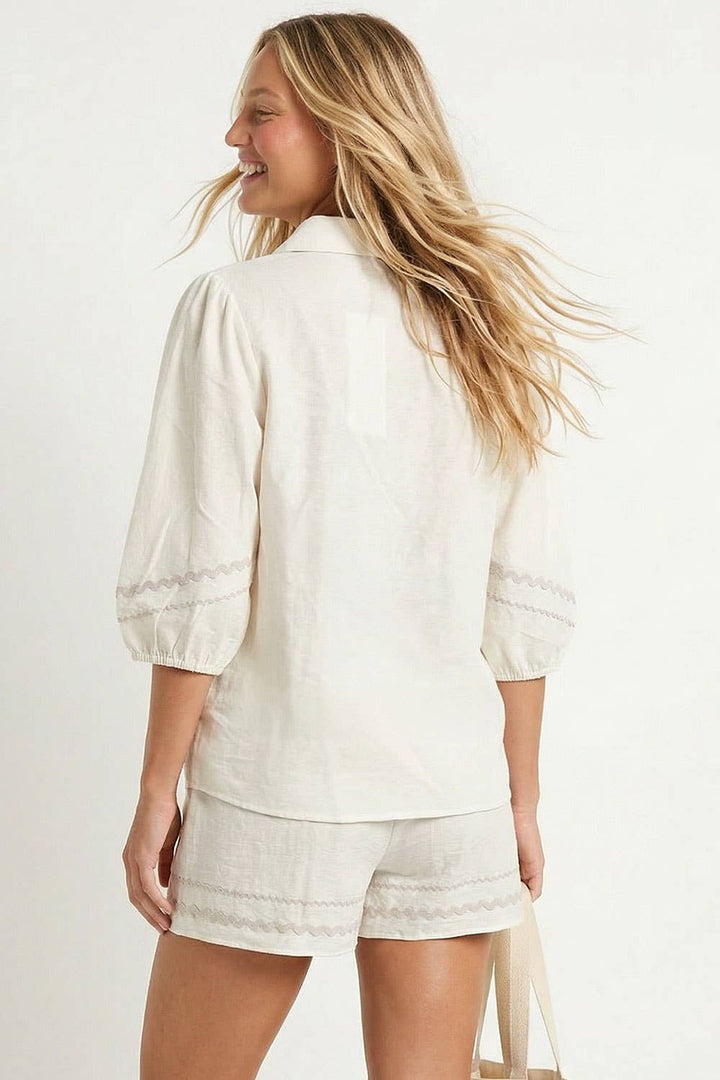 Puff Sleeve Linen Blouse: Navy / M