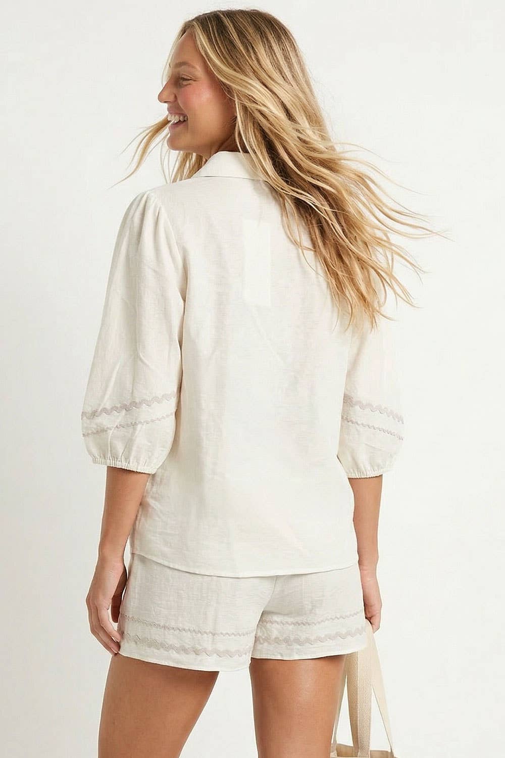 Puff Sleeve Linen Blouse: Red / L