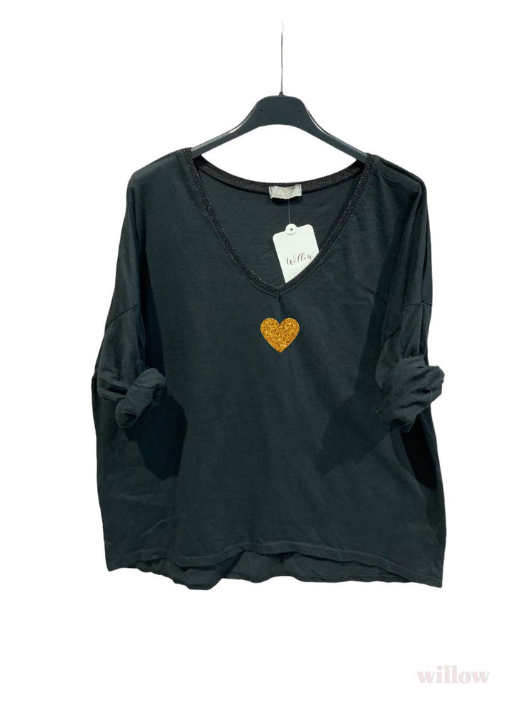 Gold heart long sleeve lurex collar top: Fuchsia