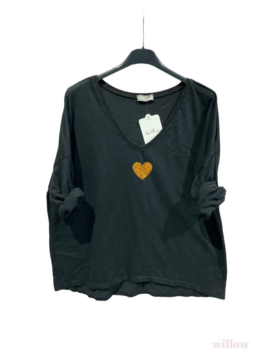 Gold heart long sleeve lurex collar top: Black