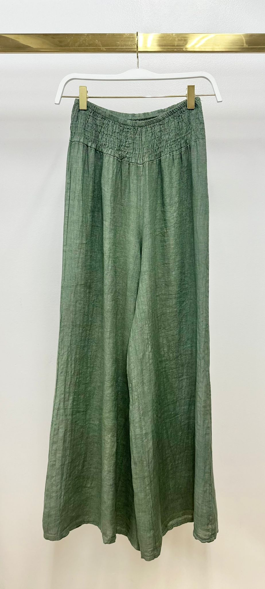 LINEN SMOCKED WAIST PANT: Mocha / S