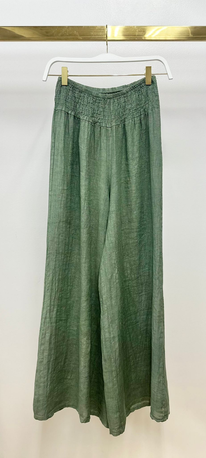 LINEN SMOCKED WAIST PANT: Mocha / S
