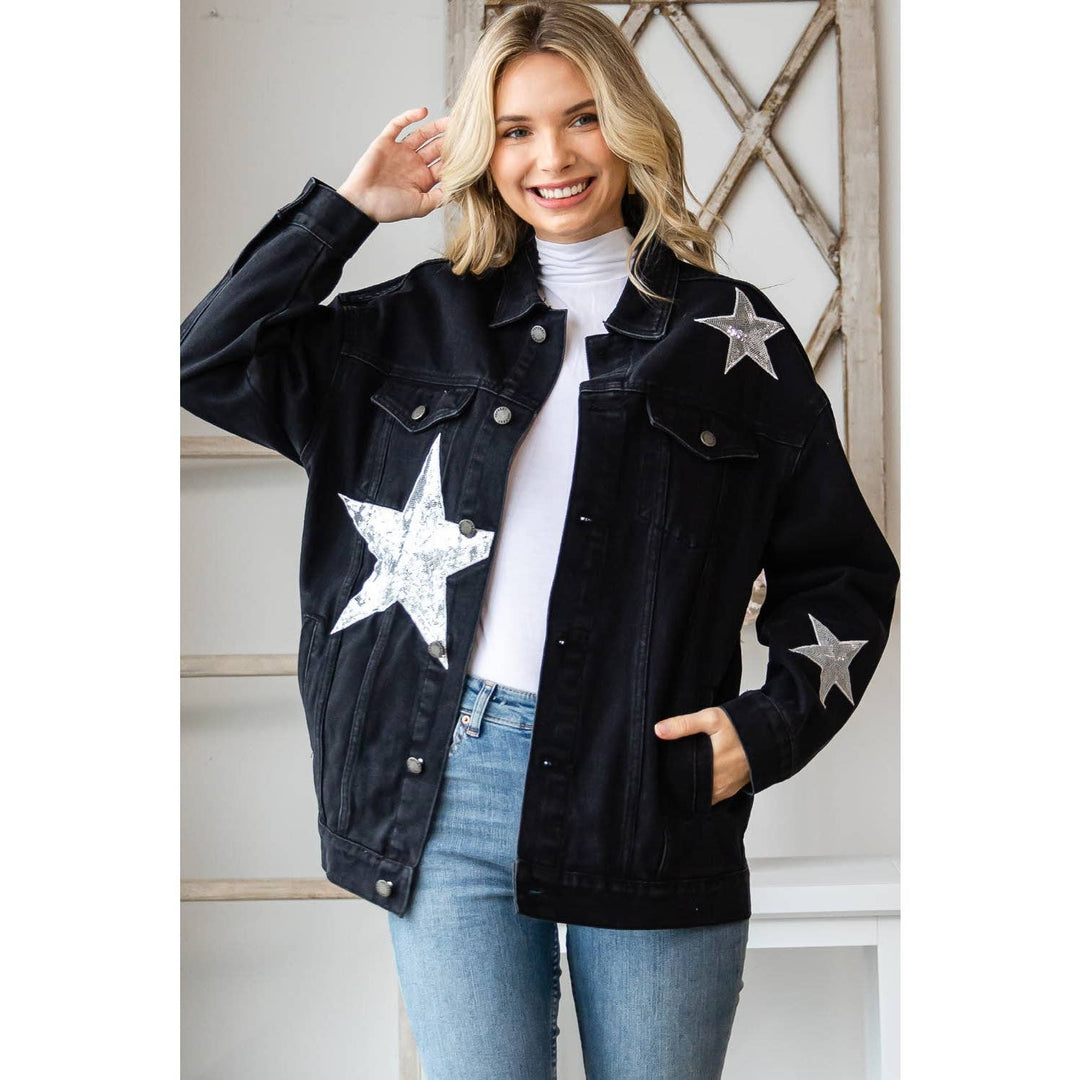 Sequins Star Patch Denim Jacket: Black / S