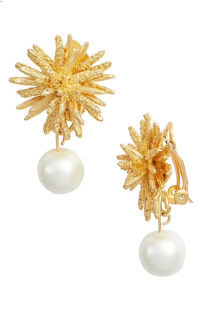 - Starburst clip on earrings with faux pearl drop: Gold