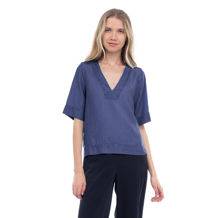 V-Neck Band Blouse: Dark Blue / S