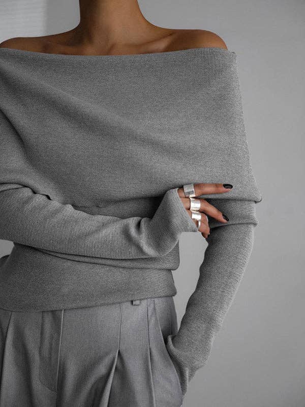 Off Shoulder Sweater Tops: BLACK / S