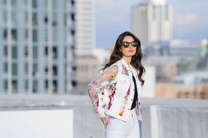 White Denim Jacket with Floral Embroidery: L
