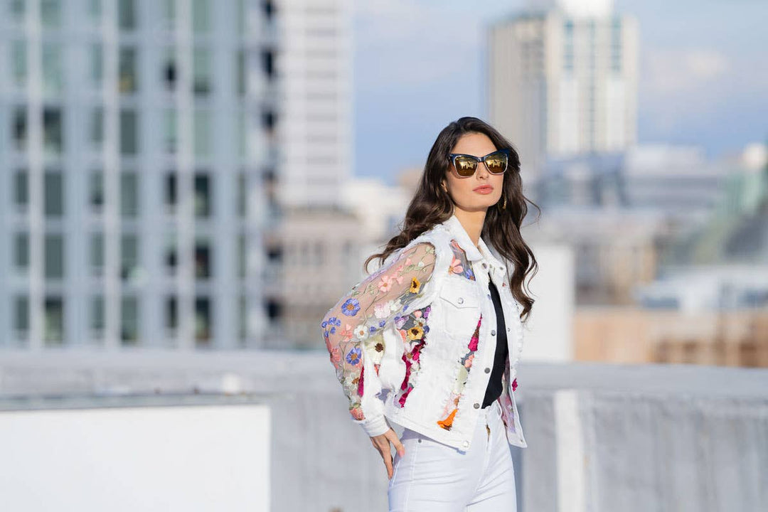 White Denim Jacket with Floral Embroidery: XL