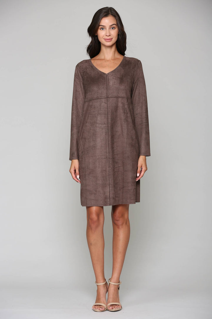 Aurora V-Neck Suede Dress: UMBER / M / 2059V