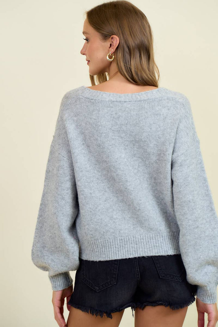 Doe and Rae - FLORAL APPLIQUE BUTTON DOWN SWEATER CARDIGAN - 10786J: GREY / L