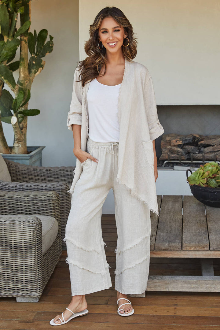 LINEN ASYMMETRICAL CARDI: Beige / S