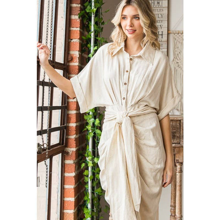 TIE WAIST BUTTON DOWN SHIRT DRESS; NATRL