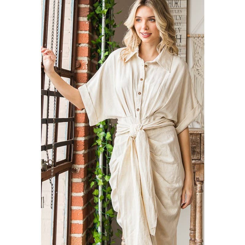 TIE WAIST BUTTON DOWN SHIRT DRESS: MINT