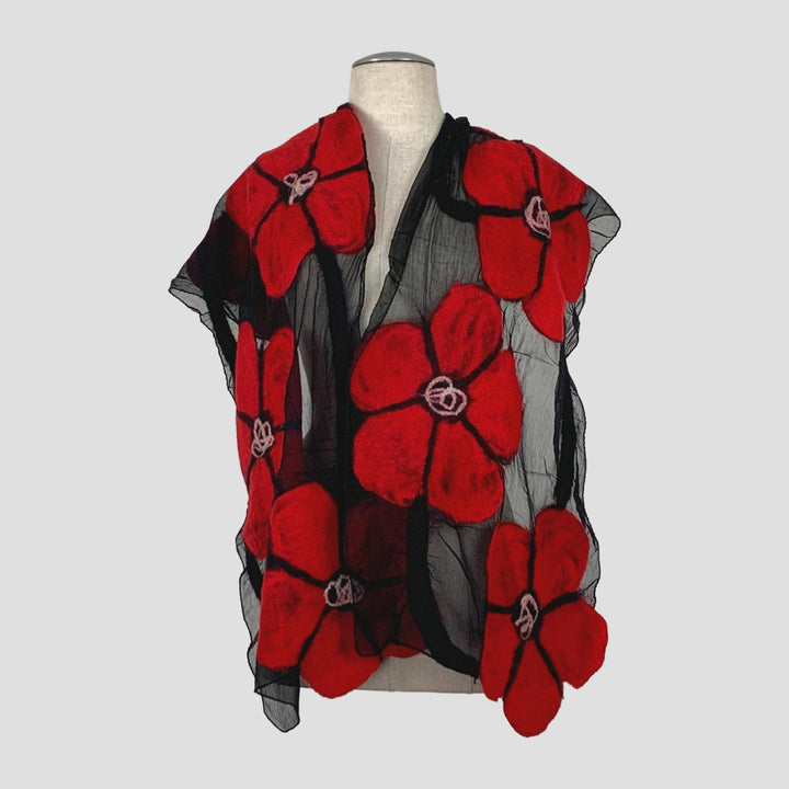 Red Big Flowers Merino Wool Felt Soft Scarf