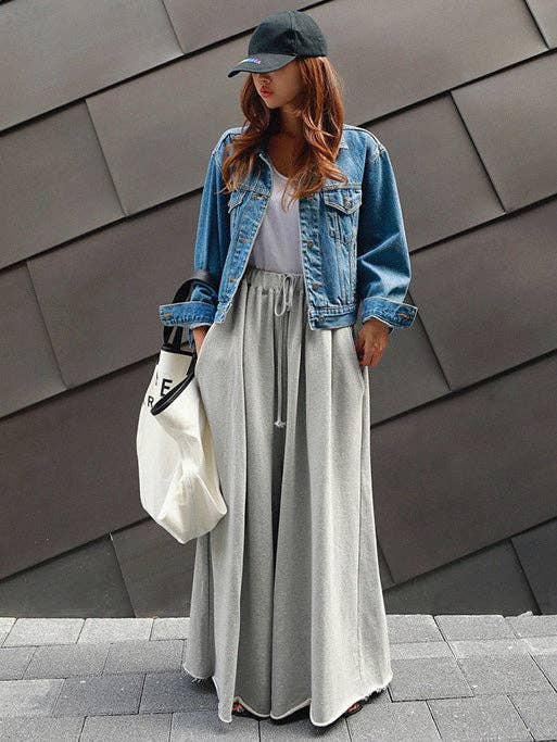 Urban Gray Wide Leg Elastic Waist Pants: BLACK / XL