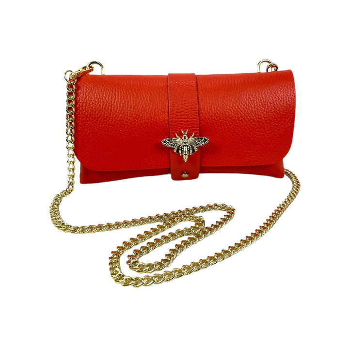 Grain Leather Bag with Dragonfly Clasp: Coral