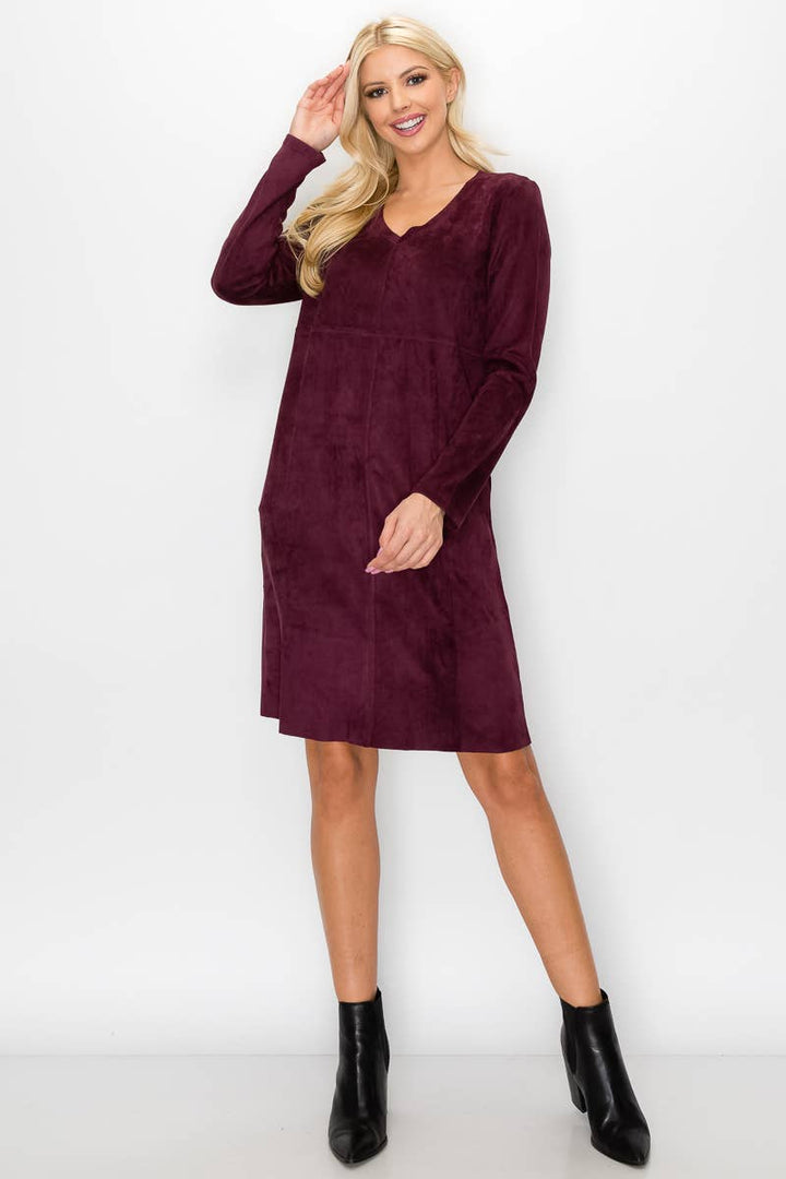 Aurora V-Neck Suede Dress: BLK / M / 2059V-NP