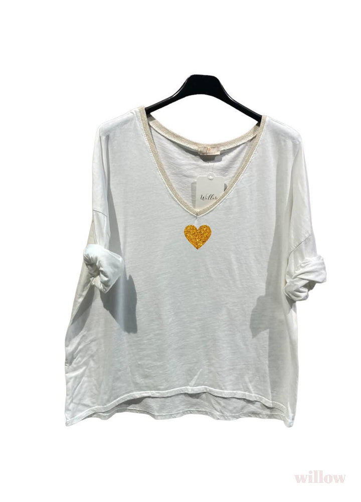 Gold heart long sleeve lurex collar top: Fuchsia