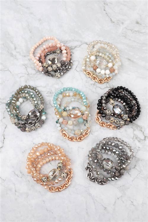 4 LAYERED STACKABLE CHAIN GLASS BEAD: Silver