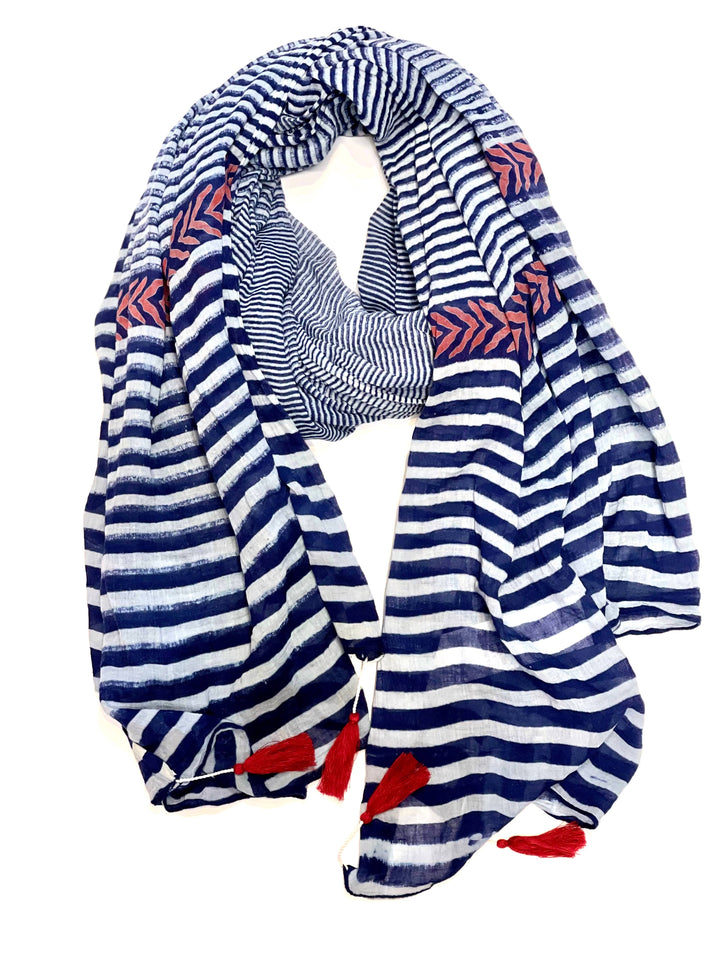 Stripe Cotton Scarf Navy