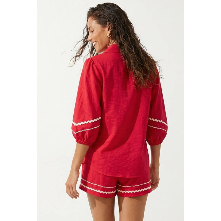 Puff Sleeve Linen Blouse: Red / S