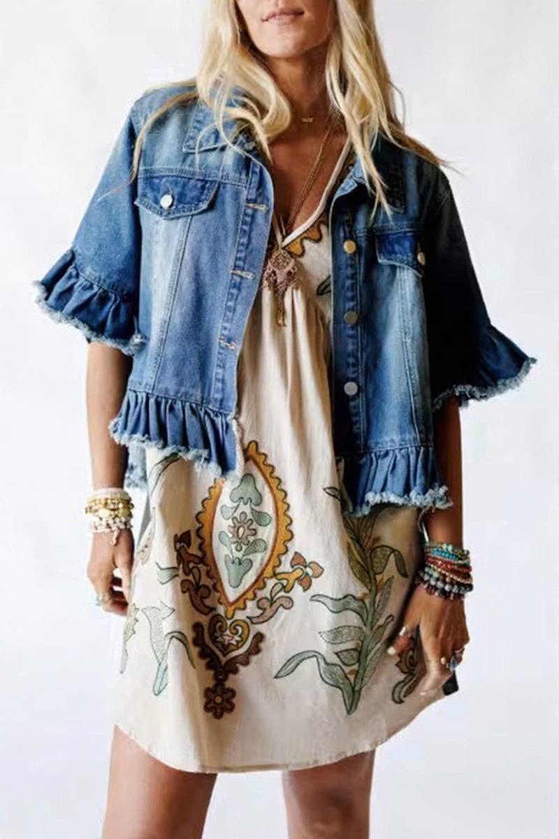 Frayed Denim Jacket: BLUE / L