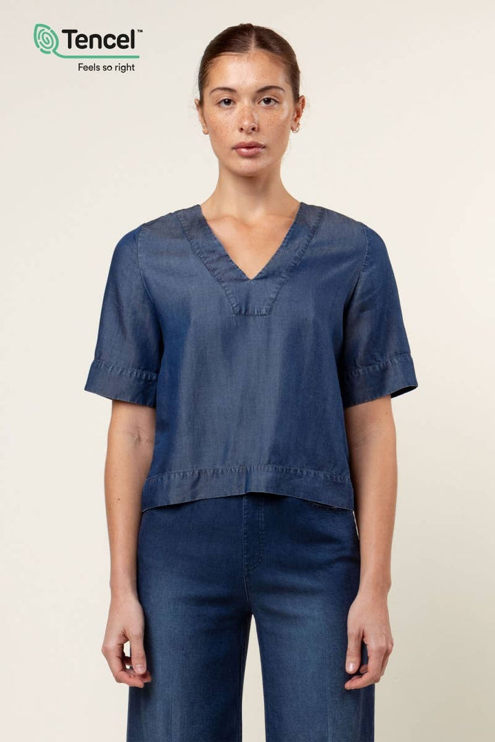V-Neck Band Blouse: Dark Blue / L