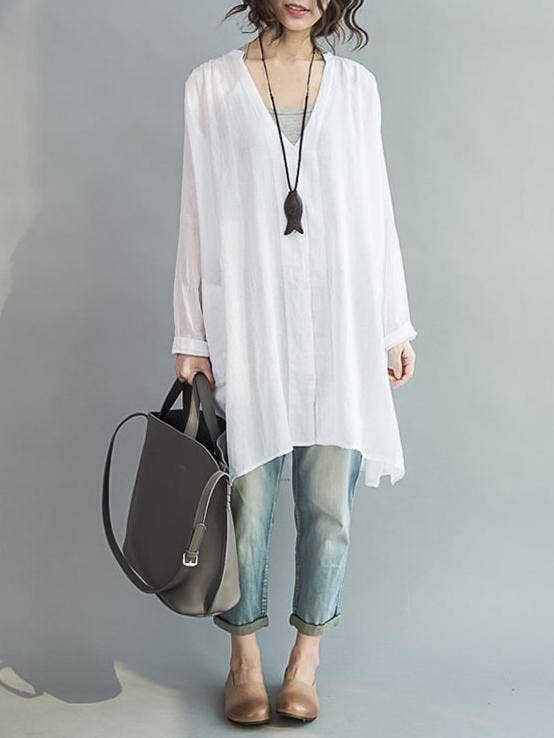 V-neck Two-pieces Blouses Shirt: WHITE