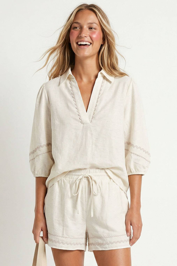 Puff Sleeve Linen Blouse: Navy / M