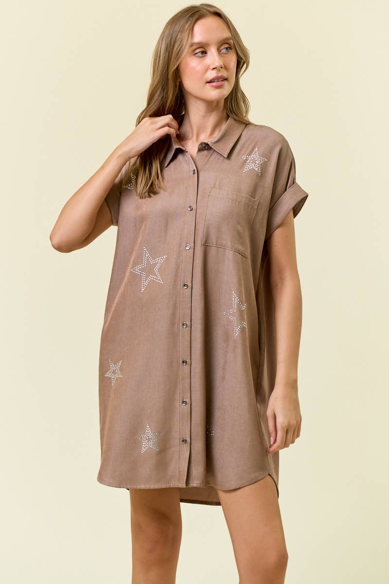 Doe and Rae - STAR STUDDED TENCEL SHIRT DRESS - 28102D: INDIGO / S