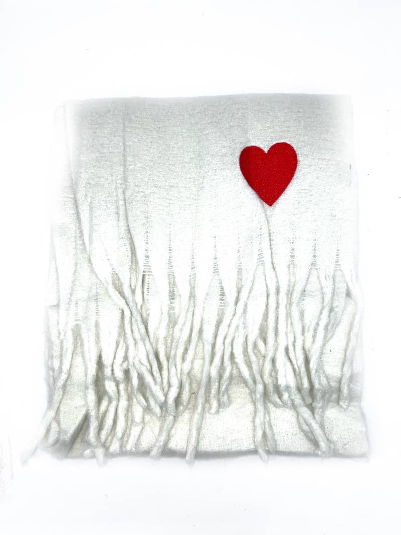 Big fringe scarf with embroidered heart : White