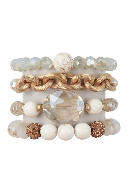 4 LAYERED STACKABLE CHAIN GLASS BEAD STRETCH: Nude