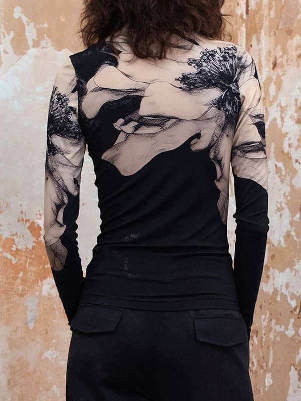 Flower Print  Mock Neck : BLACK / M