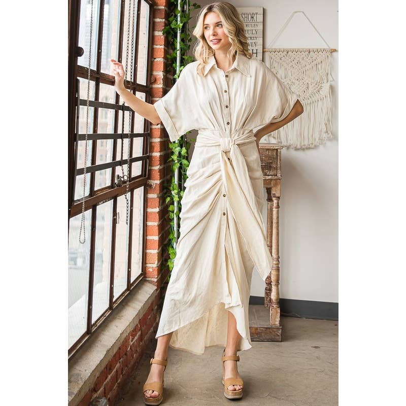 TIE WAIST BUTTON DOWN SHIRT DRESS: MINT