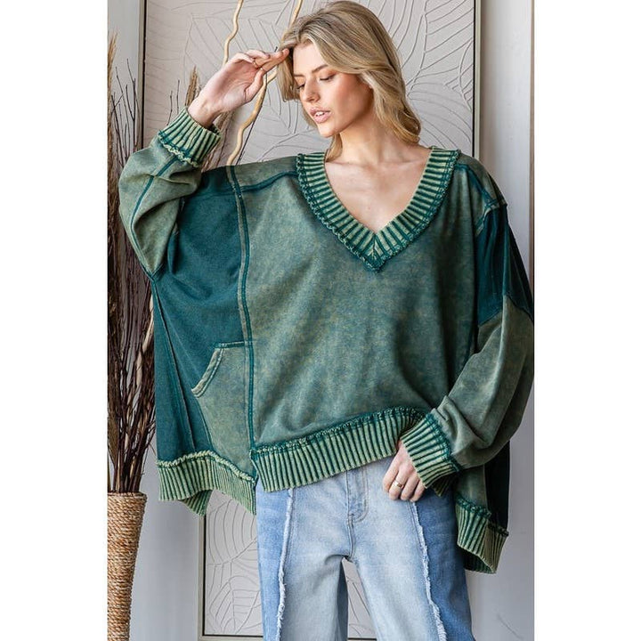 WIDE V NECK L/S TOP: BLACK