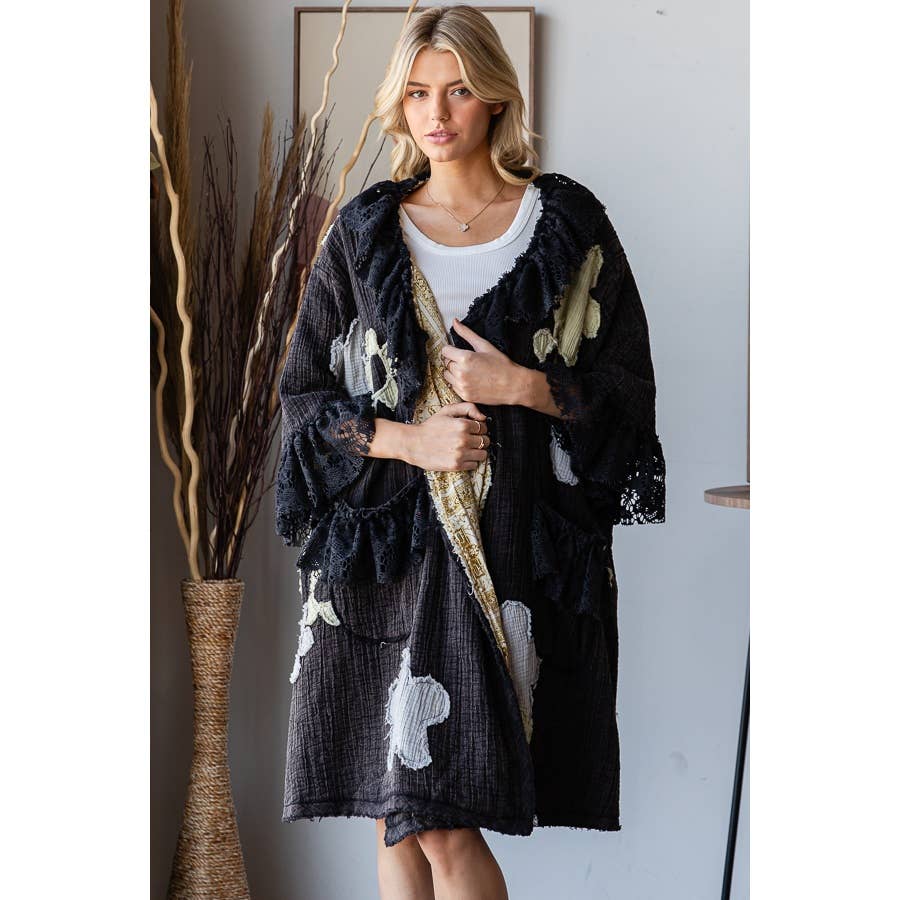 FLOWER LACE RUFFLE DUSTER: BLACK